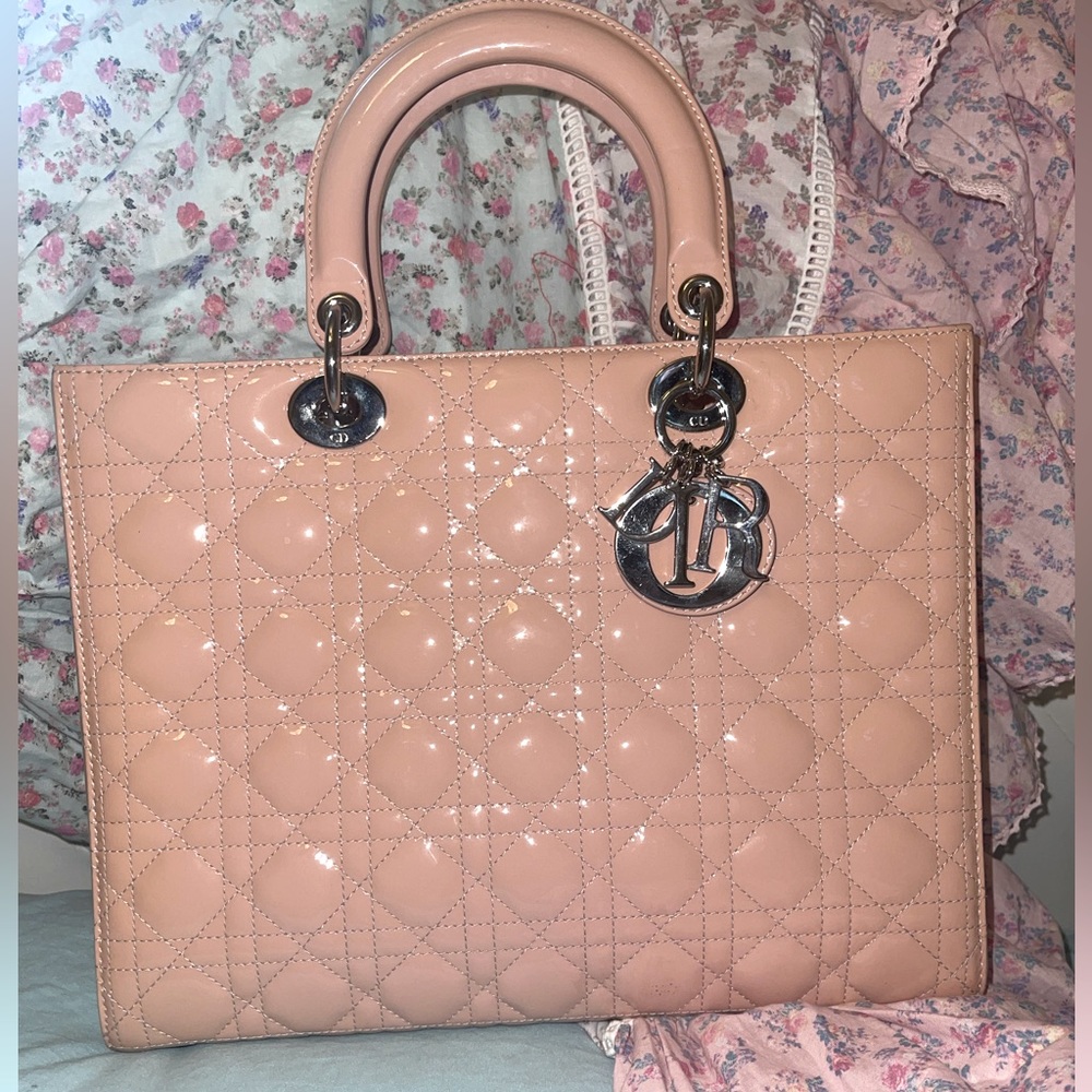 Christian Dior Lady Dior Large Powder Pink Patent Tote 100% Authentic